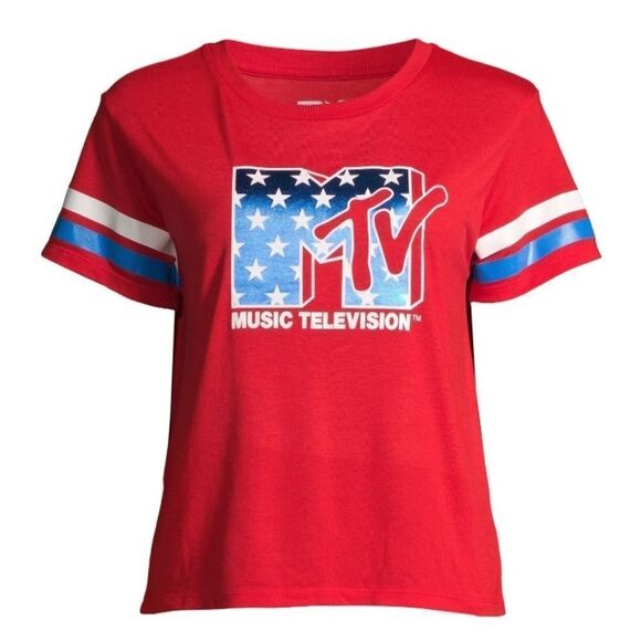 🔺️NWT MTV Red & Metallic Blue Lightweight Cropped Short Sleeve Top Large - Picture 1 of 11